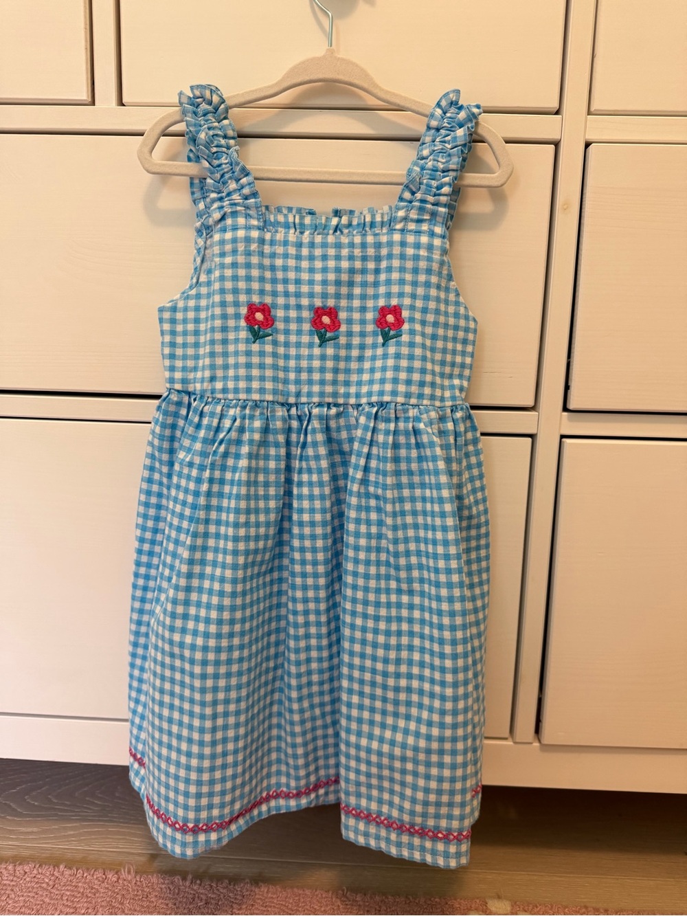 Blue Gingham Floral-Embroidered Sundress